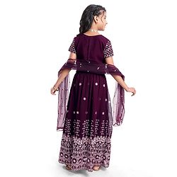 Pine Kids Woven Half Sleeves Floral Sequinned Choli Lehenga Set with Dupatta - Wine