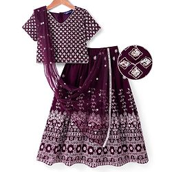 Pine Kids Woven Half Sleeves Floral Sequinned Choli Lehenga Set with Dupatta - Wine