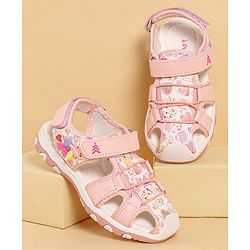 Pine Kids Heart Printed Sandals With Floral Applique & Velcro Closure - Purple