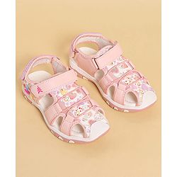 Pine Kids Heart Printed Sandals With Floral Applique & Velcro Closure - Purple
