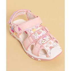 Pine Kids Heart Printed Sandals With Floral Applique & Velcro Closure - Purple