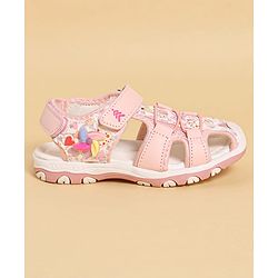 Pine Kids Heart Printed Sandals With Floral Applique & Velcro Closure - Purple