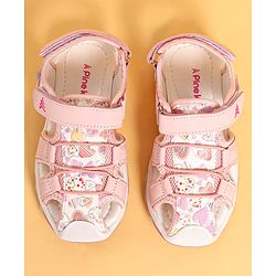 Pine Kids Heart Printed Sandals With Floral Applique & Velcro Closure - Purple