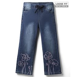 Pine Kids Woven Full Length Washed Denim Jeans With Floral Print - Blue