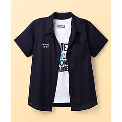 Pine Kids Viscose Woven Half Sleeves Shirt & T-Shirt with Text Print - Navy Blue & White