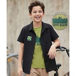 Pine Kids Viscose Woven Half Sleeves Shirt with T-Shirt & Text Print - Black & Green