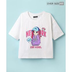 Pine Kids Cotton Knit Half Drop Shoulder Sleeves T-Shirt with Text Print - White