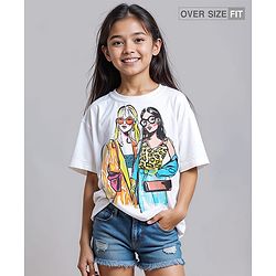 Pine Kids Cotton Knit Half Sleeves Oversized Drop Shoulder T-Shirt With Human Graphic Print - White