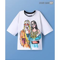 Pine Kids Cotton Knit Half Sleeves Oversized Drop Shoulder T-Shirt With Human Graphic Print - White