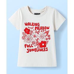 Pine Kids Cotton Knit Half Sleeves T-Shirt with Text & Floral Print - White