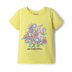 Pine Kids Cotton Knit Half Sleeves T-Shirt with Floral Print - Lemon