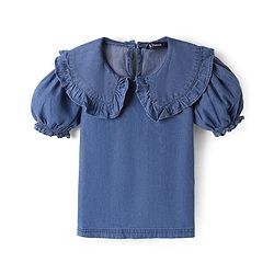 Pine Kids Cotton Woven Half Puffed Sleeves Solid Color Top with Frill Detailing - Navy Blue