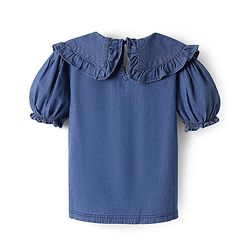 Pine Kids Cotton Woven Half Puffed Sleeves Solid Color Top with Frill Detailing - Navy Blue