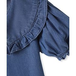 Pine Kids Cotton Woven Half Puffed Sleeves Solid Color Top with Frill Detailing - Navy Blue