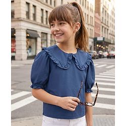 Pine Kids Cotton Woven Half Puffed Sleeves Solid Color Top with Frill Detailing - Navy Blue