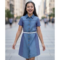Pine Kids Cotton Woven Half Sleeves Cut & Sew Frock with Belt - Blue