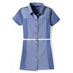 Pine Kids Cotton Woven Half Sleeves Cut & Sew Frock with Belt - Blue
