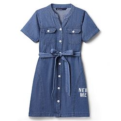 Pine Kids Cotton Woven Half Sleeves One Piece Dress with Text Print - Blue