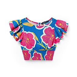 Pine Kids Woven Flutter Sleeves Top With Floral Print & Smock Detailing - Blue