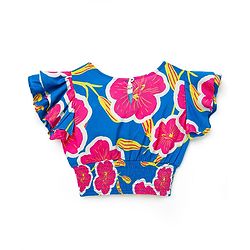 Pine Kids Woven Flutter Sleeves Top With Floral Print & Smock Detailing - Blue