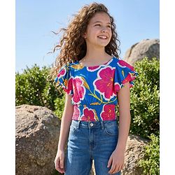 Pine Kids Woven Flutter Sleeves Top With Floral Print & Smock Detailing - Blue