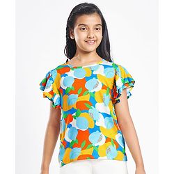 Pine Kids Rayon Woven Flutter Sleeves Top with Abstract Print - Blue & Yellow