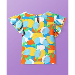 Pine Kids Rayon Woven Flutter Sleeves Top with Abstract Print - Blue & Yellow