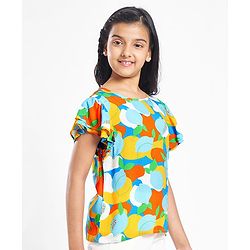 Pine Kids Rayon Woven Flutter Sleeves Top with Abstract Print - Blue & Yellow