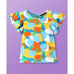 Pine Kids Rayon Woven Flutter Sleeves Top with Abstract Print - Blue & Yellow