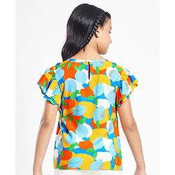 Pine Kids Rayon Woven Flutter Sleeves Top with Abstract Print - Blue & Yellow