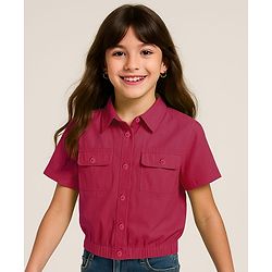 Pine Kids Poplin Woven Half Sleeves Solid Color Shirt Style Top - Dark Pink