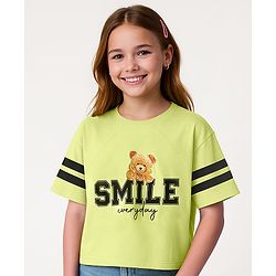 Pine Kids Cotton Knit Half Raglan Sleeves T-Shirt With Teddy Print & Tape Detailing - Limegreen