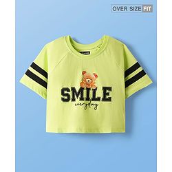 Pine Kids Cotton Knit Half Raglan Sleeves T-Shirt With Teddy Print & Tape Detailing - Limegreen