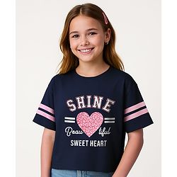 Pine Kids Cotton Knit Half Raglan Sleeves T-Shirt With Shine Text Print & Tape Detailing - Navy Blue
