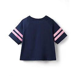 Pine Kids Cotton Knit Half Raglan Sleeves T-Shirt With Shine Text Print & Tape Detailing - Navy Blue
