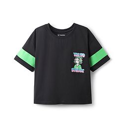 Pine Kids Cotton Knit Half Drop Shoulder Sleeves T-Shirt with Girl Front & Back Print - Black