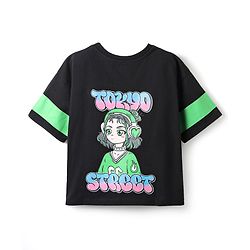 Pine Kids Cotton Knit Half Drop Shoulder Sleeves T-Shirt with Girl Front & Back Print - Black