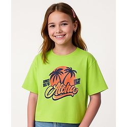 Pine Kids Cotton Knit Half Drop Shoulder Sleeves T-Shirt with Beach Theme Print - Light Green