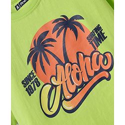 Pine Kids Cotton Knit Half Drop Shoulder Sleeves T-Shirt with Beach Theme Print - Light Green