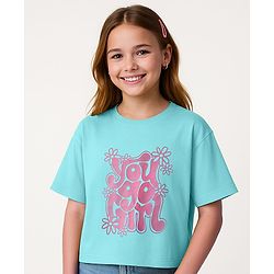 Pine Kids Cotton Knit Half Sleeves Drop Shoulder T-Shirt with You Go Girl Text Print - Light Blue
