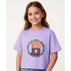 Pine Kids Cotton Knit Half Drop Shoulder Sleeves T-Shirt with Text Print - Lavender
