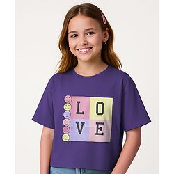 Pine Kids Cotton Knit Half Sleeves Drop Shoulder T-Shirt with Love Text Print - Purple