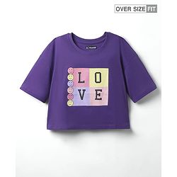 Pine Kids Cotton Knit Half Sleeves Drop Shoulder T-Shirt with Love Text Print - Purple