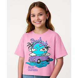 Pine Kids Cotton Knit Half Sleeves Drop Shoulder T-Shirt with Beach Theme Print - Pink