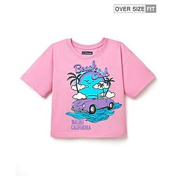 Pine Kids Cotton Knit Half Sleeves Drop Shoulder T-Shirt with Beach Theme Print - Pink