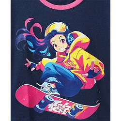 Pine Kids Cotton Knit Half Drop Shoulder Sleeves T-Shirt with Skating Print - Navy Blue