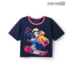 Pine Kids Cotton Knit Half Drop Shoulder Sleeves T-Shirt with Skating Print - Navy Blue