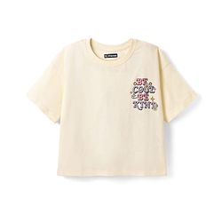 Pine Kids Cotton Knit Half Drop Shoulder Sleeves T-Shirt with Text Print - Cream