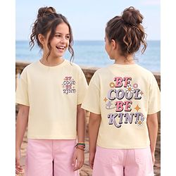 Pine Kids Cotton Knit Half Drop Shoulder Sleeves T-Shirt with Text Print - Cream