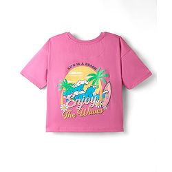 Pine Kids Cotton Knit Half Drop Shoulder Sleeves T-Shirt with Front & Back Beach Theme Print - Pink
